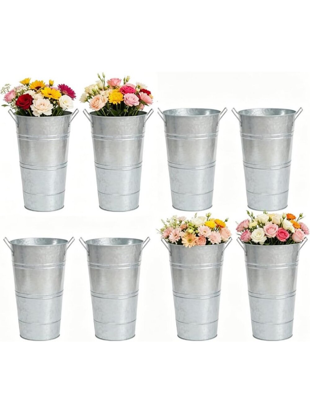 Set of 8 Galvanized Metal Flower Buckets - 10 Inch Rustic Vases for Home Decor